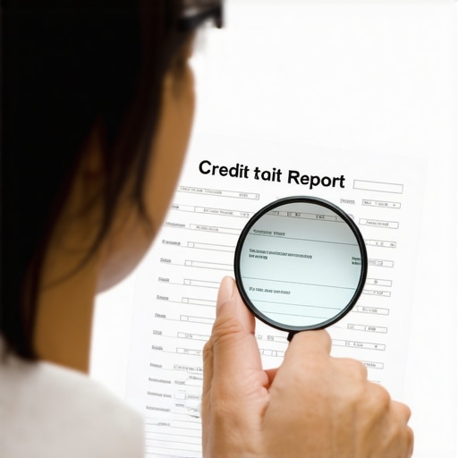 Person carefully examining a credit report with a magnifying glass, pointing out mistakes.