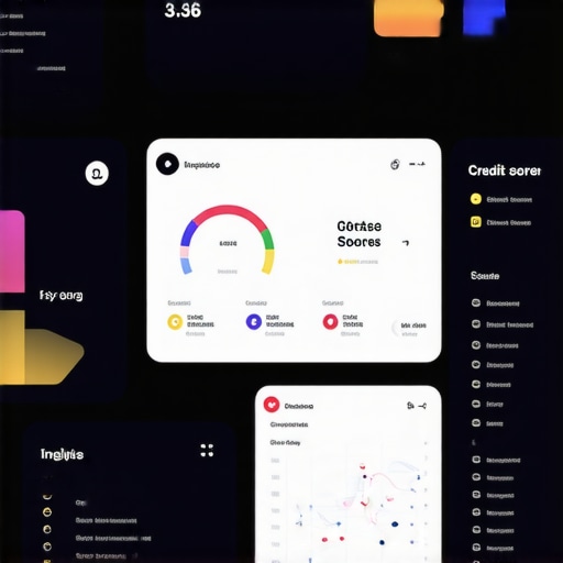 A sleek digital interface showing credit scores, graphs, and financial tips.
