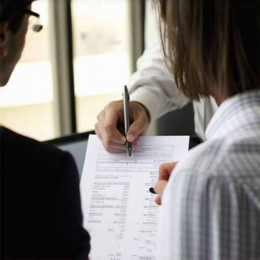 Strategic Credit Review Session Financial advisor discussing credit report details with a client in an office.