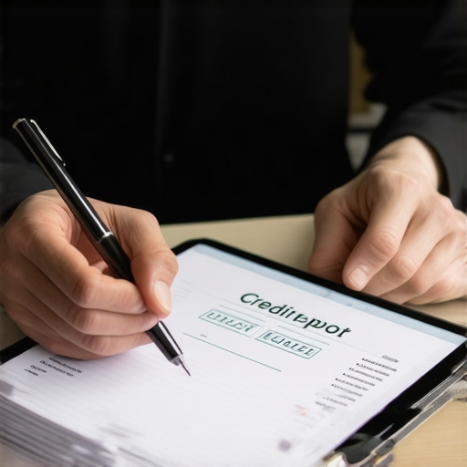 Person reviewing credit report on tablet with financial charts