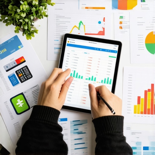 Person managing finances with apps and documents on a tablet.
