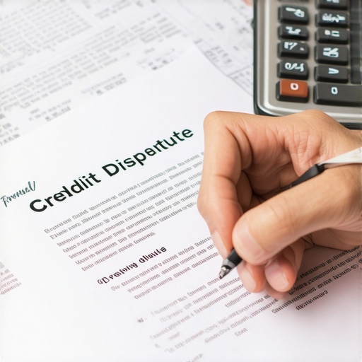 Person drafting a credit dispute letter with supporting documents and a calculator on the desk.