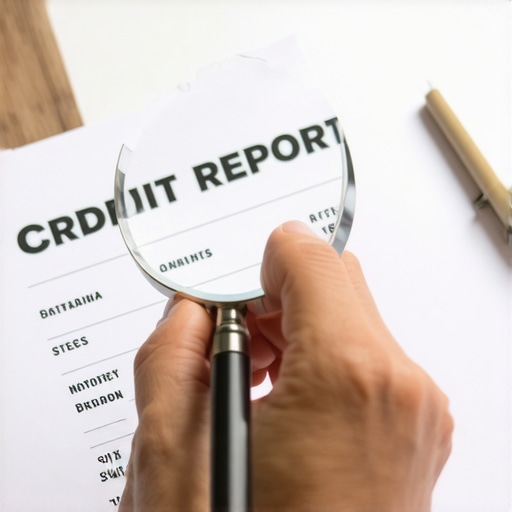 Person examining a credit report closely with a magnifying glass.
