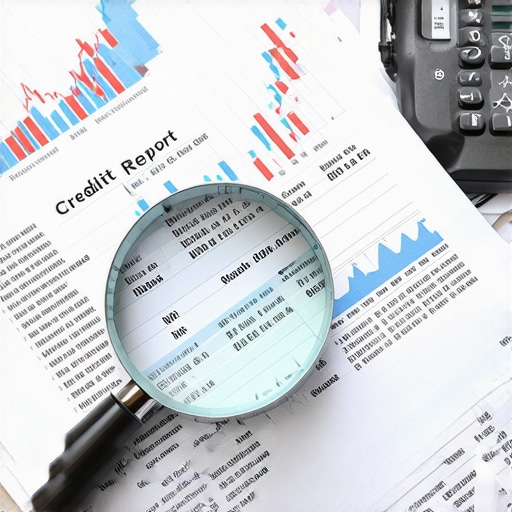Close-up of a hand holding a magnifying glass examining a credit report with charts in the background.