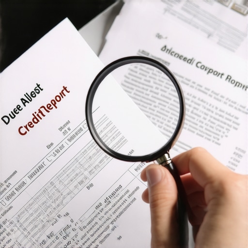 A person analyzing credit report documents with a magnifying glass to identify errors and red flags.
