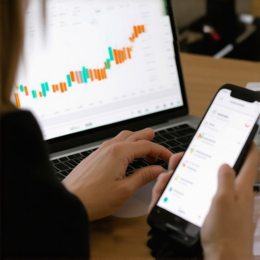 Person managing credit reports and finances on digital devices