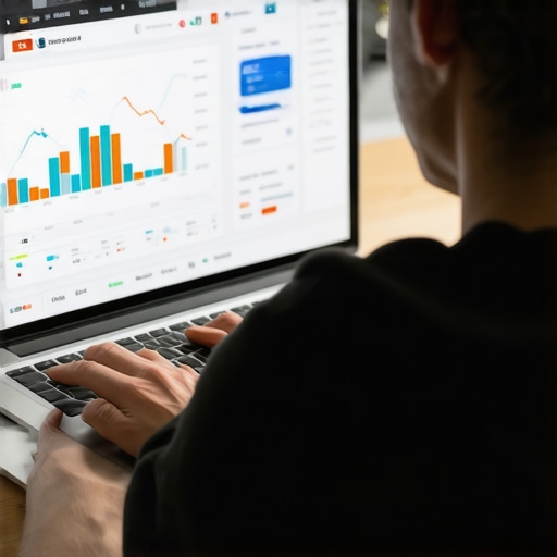 Person analyzing credit reports on a laptop with financial graphs in the background