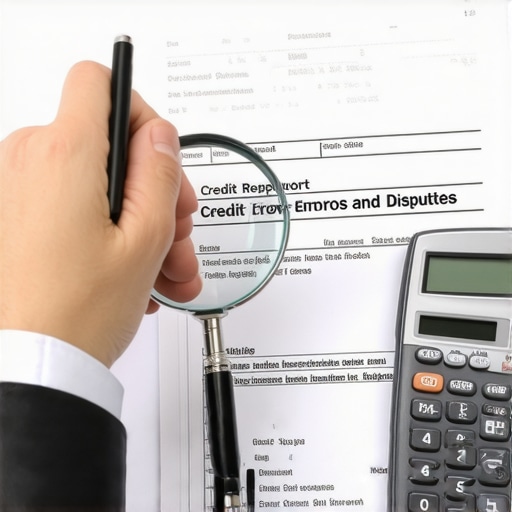 Person reviewing credit report with magnifying glass and pen for credit repair