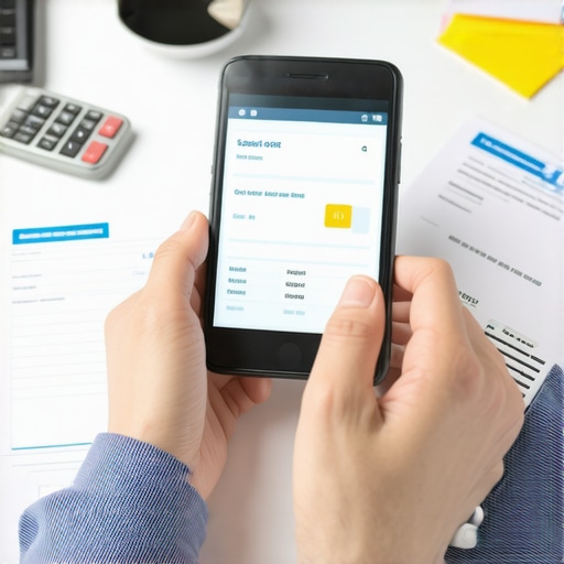 A person analyzing credit report on a tablet with financial charts and tools.