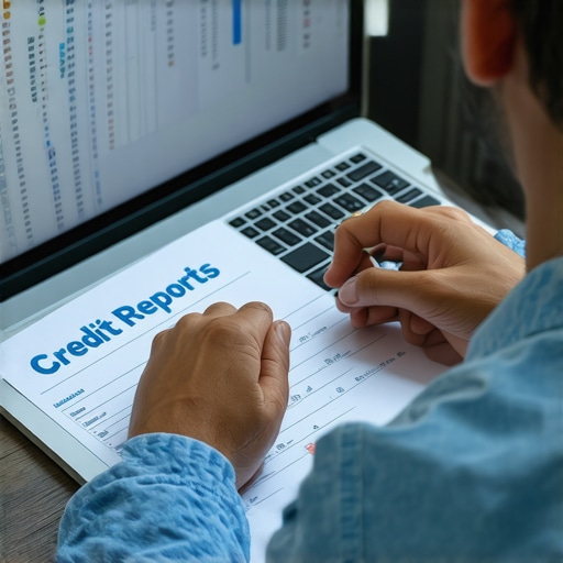 Person analyzing credit report with digital devices to maintain credit health