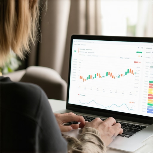 Monitoring Credit Progress with Advanced Tools Individual reviewing credit report and monitoring tools on a laptop in a home office.