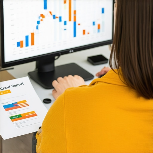 Person analyzing credit report data on a laptop, surrounded by financial tools and charts.