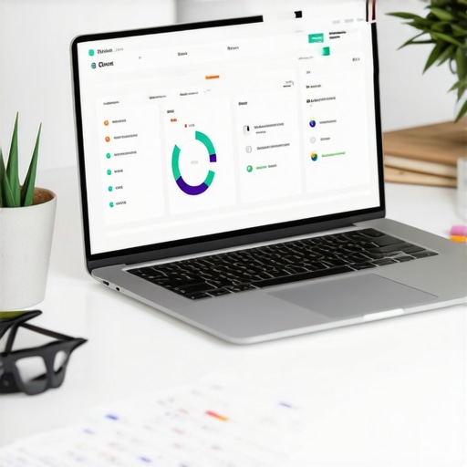 Organized Credit Management Workspace Laptop with credit monitoring dashboard, notebook, and calculator on desk