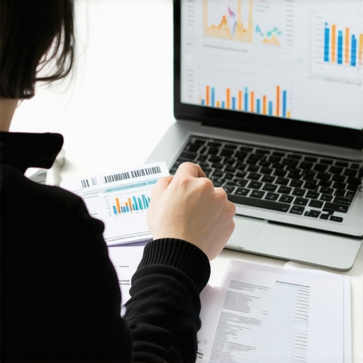 Person reviewing bills and financial data on laptop to manage debt