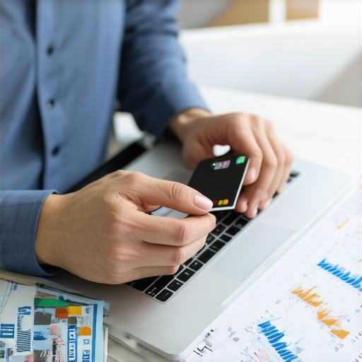 Person managing credit cards and budget on laptop for credit improvement