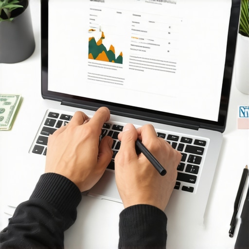 Person analyzing credit report on a laptop with financial charts and tools