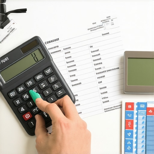 Person analyzing credit report details with calculator and pen.