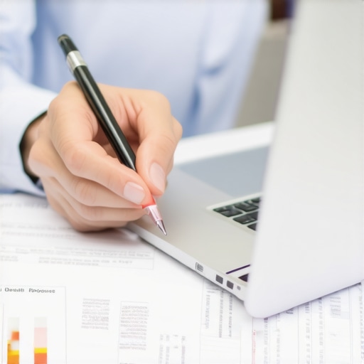 Person analyzing credit report discrepancy with laptop and pen