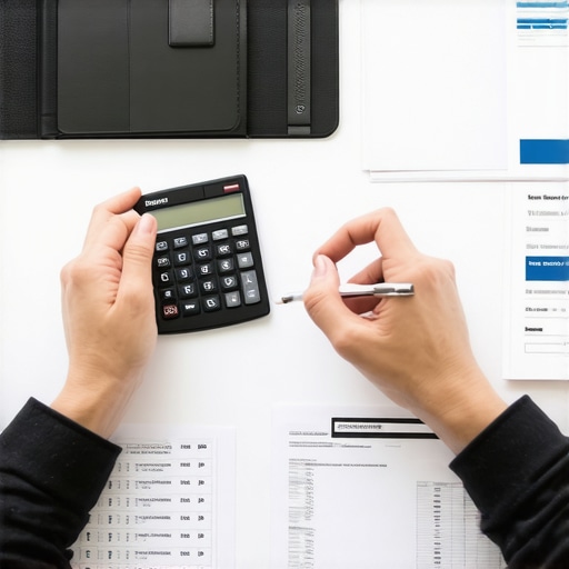 Person analyzing credit report with calculator and documents