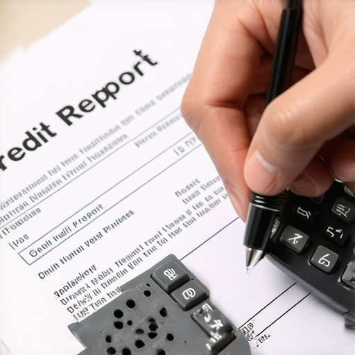 Person analyzing credit report with pen and calculator to fix late payments.