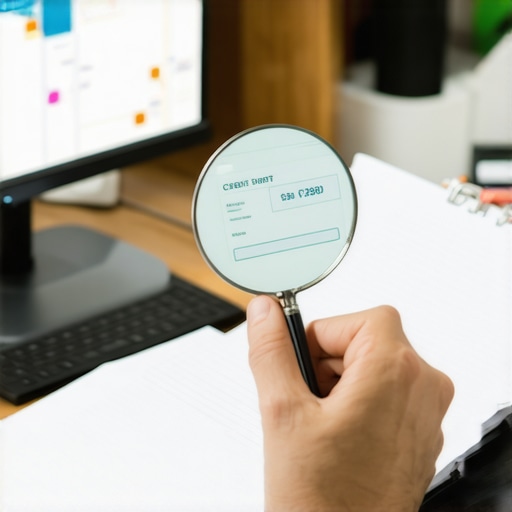 Individual examining credit report for inaccuracies with magnifying glass.