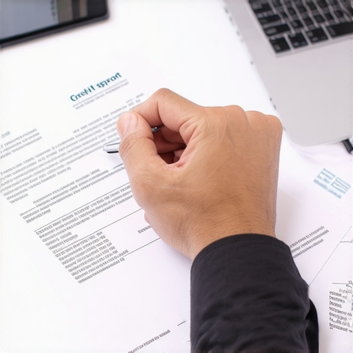 Person analyzing credit report documents with a pen and laptop for credit verification.
