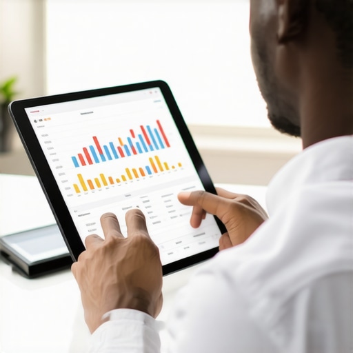 Person analyzing credit report charts on a tablet in an office