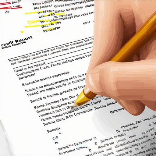 Reviewing and Correcting Credit Report Person correcting errors on a credit report with a pen and magnifying glass.