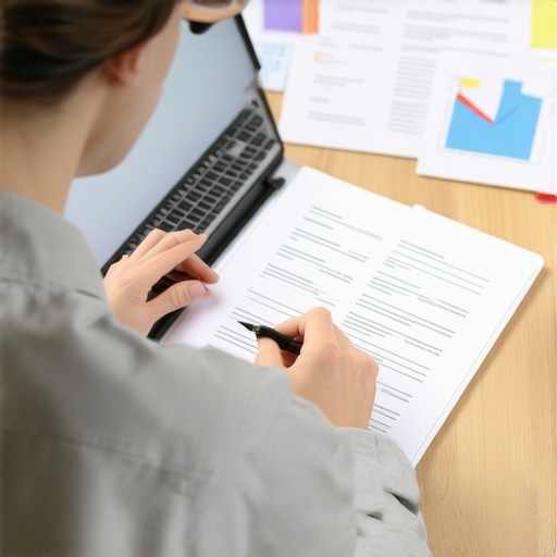 Reviewing credit report for errors Individual examining credit report on laptop with various documents