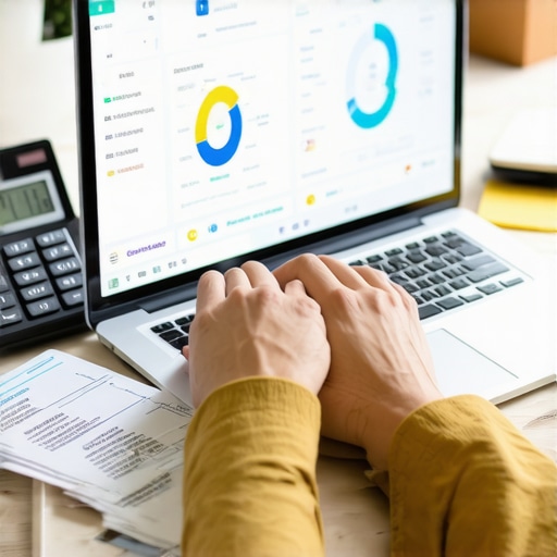 Person reviewing credit scores and budgets on a laptop with financial documents around.