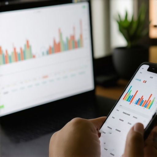 Person managing credit score alerts on digital devices in a home office