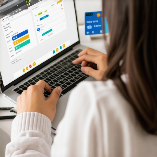 Person analyzing credit reports on a laptop with credit cards on the desk.