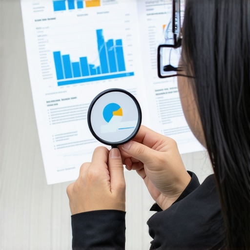 Person examining credit reports with a magnifying glass, representing credit review process.