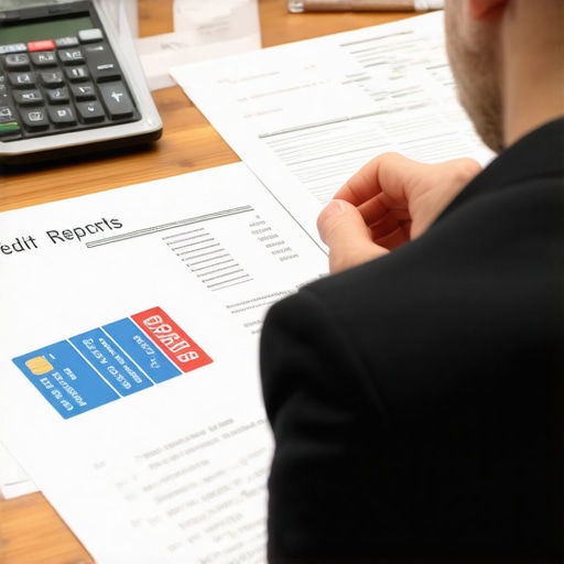 Person examining credit report details and notes.