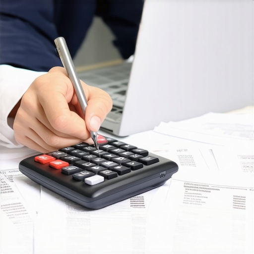 Person reviewing credit reports on a desk with calculator and laptop.