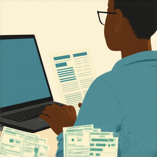 Person analyzing credit report next to utility bills and a laptop