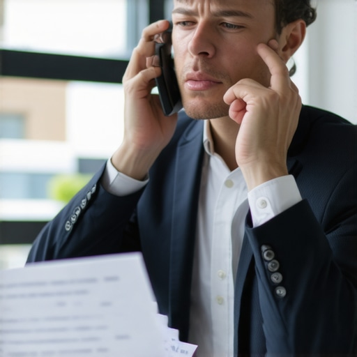 A person making a confident call to a bank, with documents and notes visible.