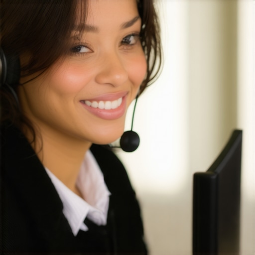 A smiling customer service agent on a call helping a customer.
