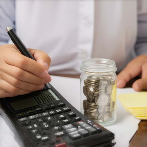 Person planning finances with calculator and jar of coins