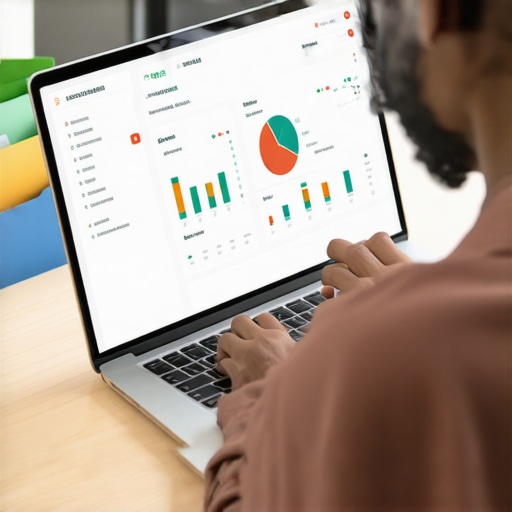 Person analyzing credit reports on a laptop with organized folders and financial charts.