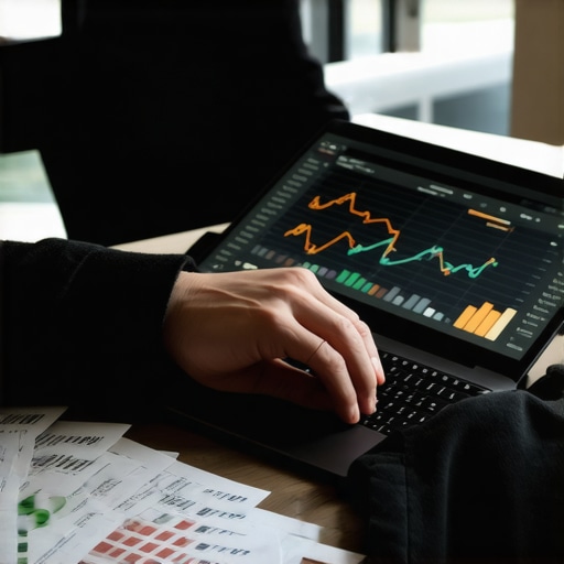 A person analyzing credit scores on a laptop with financial charts around