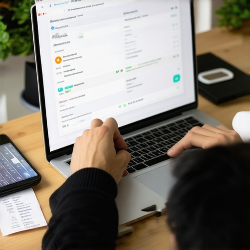 Person reviewing credit report on laptop with financial charts and calculators.