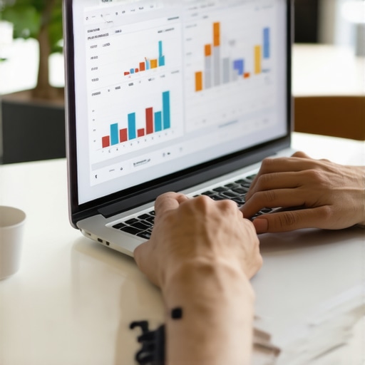 Person managing finances on laptop with credit monitoring charts