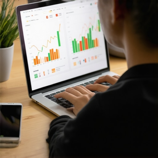 Person analyzing credit score and budget plans on laptop with accessories around