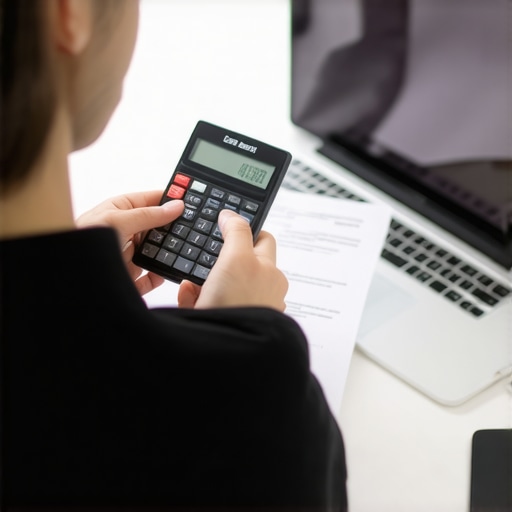 Person analyzing credit report documents with financial tools.