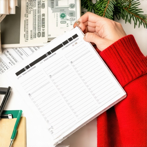 Person organizing receipts and budget planner for holiday shopping