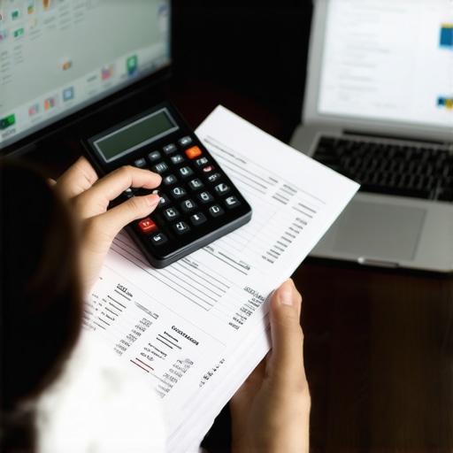 Person analyzing credit reports on computer with financial tools