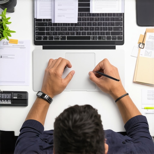 Individual reviewing financial documents and tracking debts on a laptop