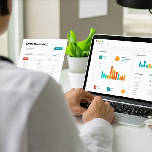 Individual analyzing credit report on a laptop using financial tools