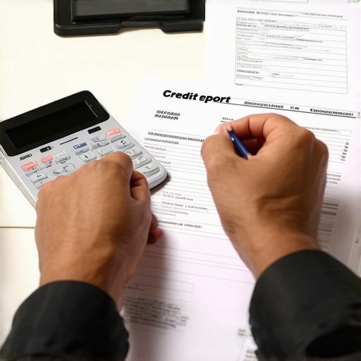 Person analyzing credit report and monitoring credit score on a mobile device.